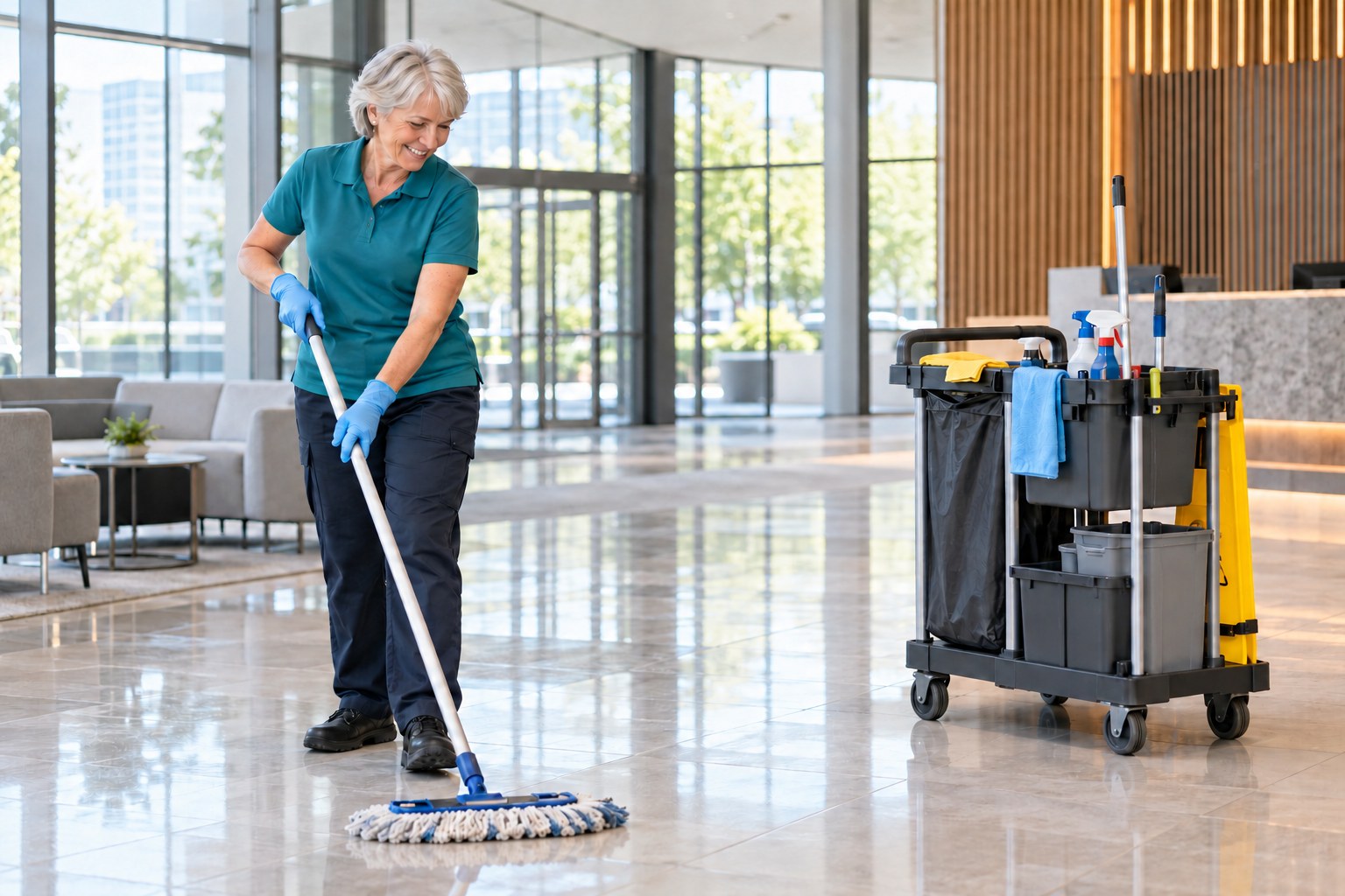 Female cleaner working in a modern lobby