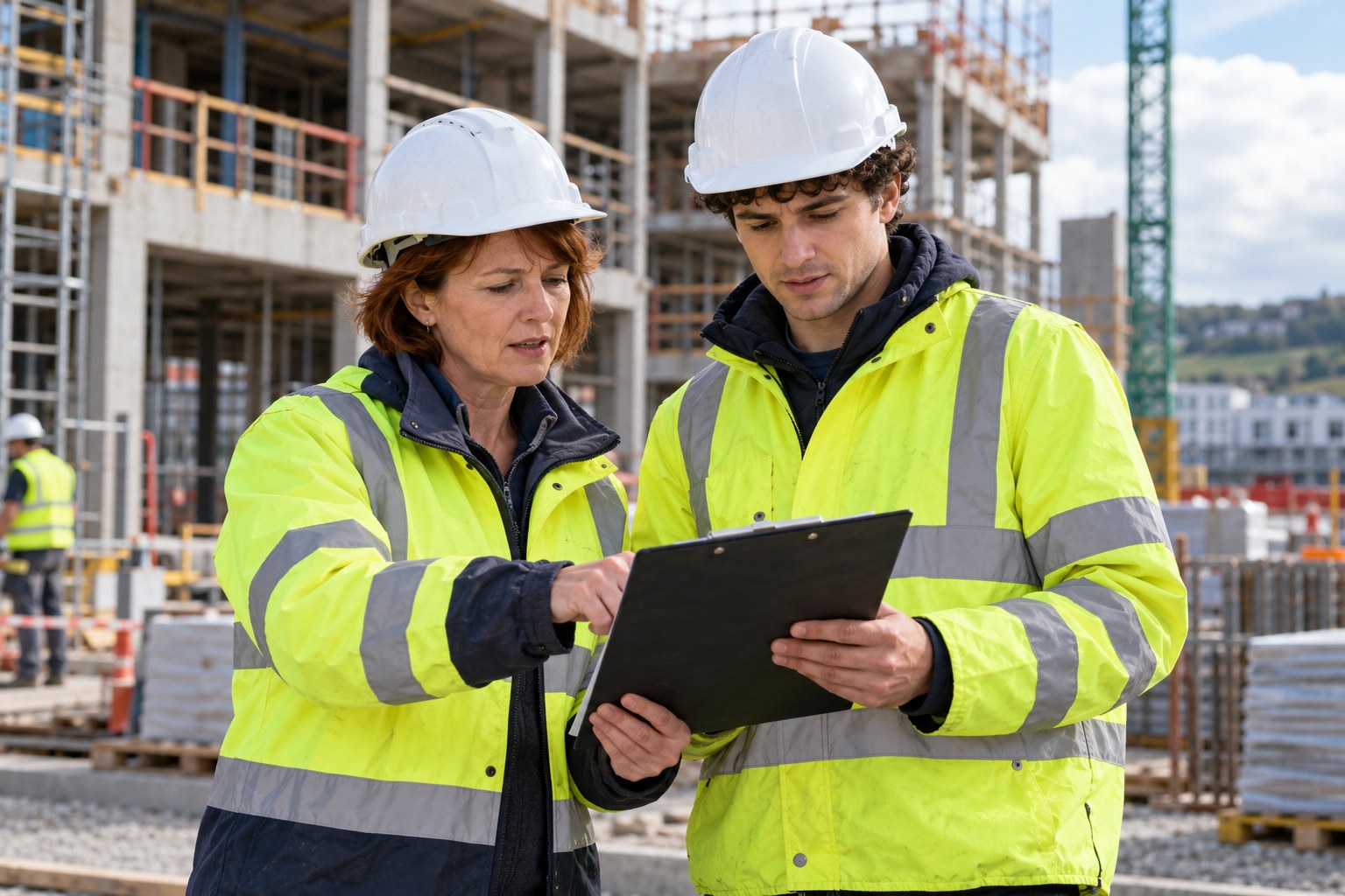Construction colleagues in hard hats and high visibility jackets reviewing a clipboard on site