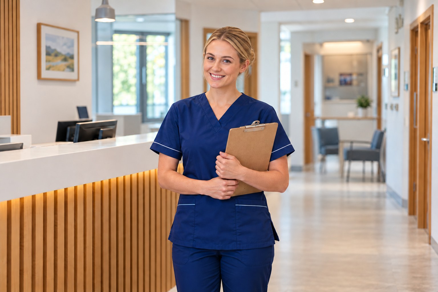 Nurse standing upright holding a clipboard against her chest, without a face mask