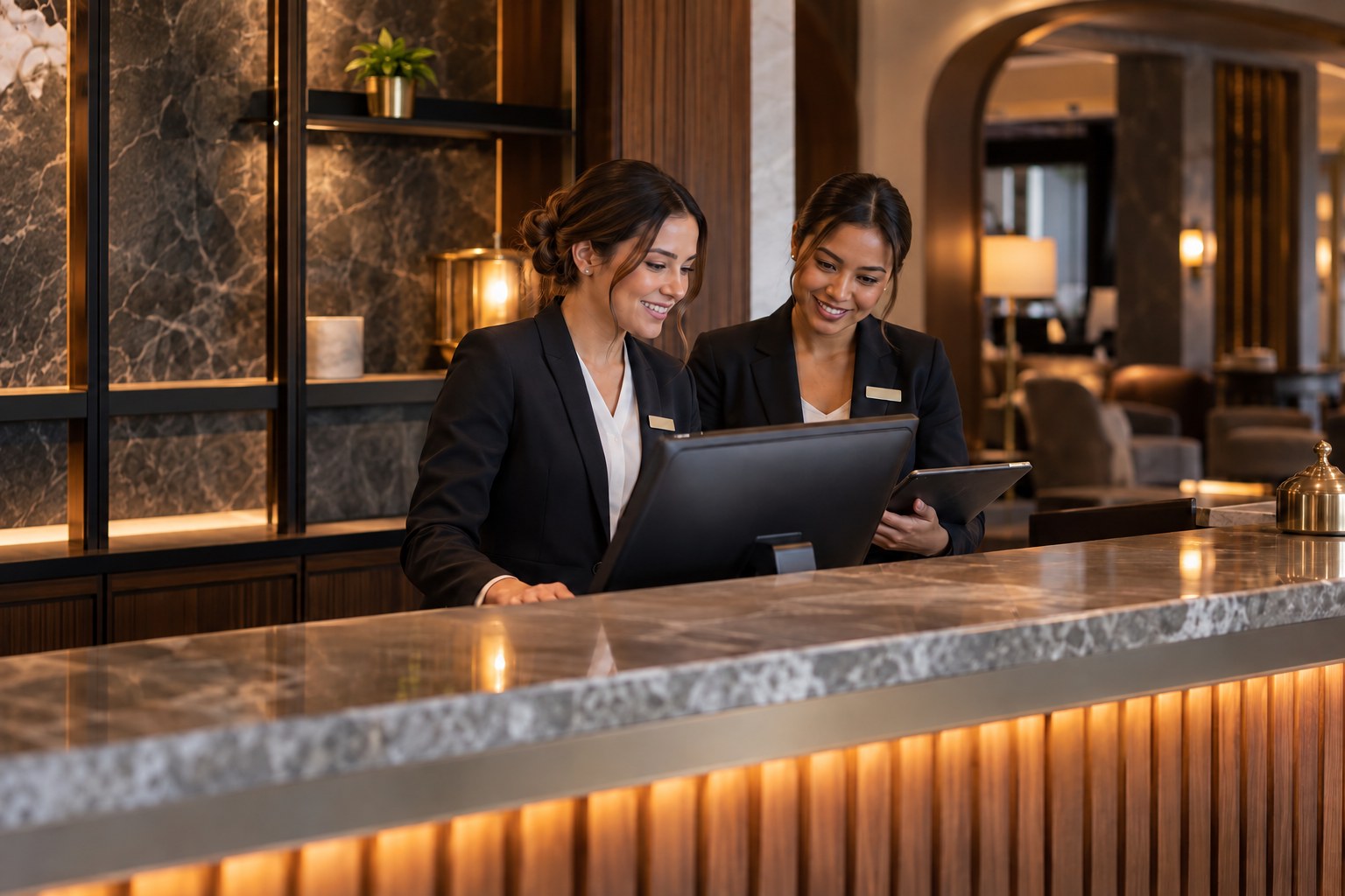 Hotel colleagues working at reception