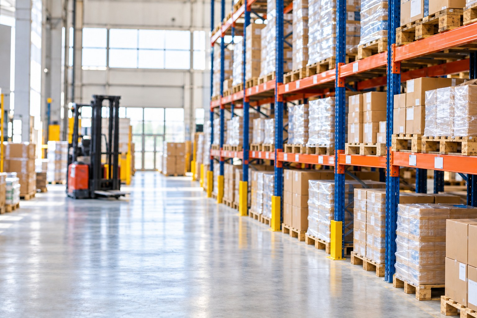 Organised warehouse aisle with racking and boxed goods