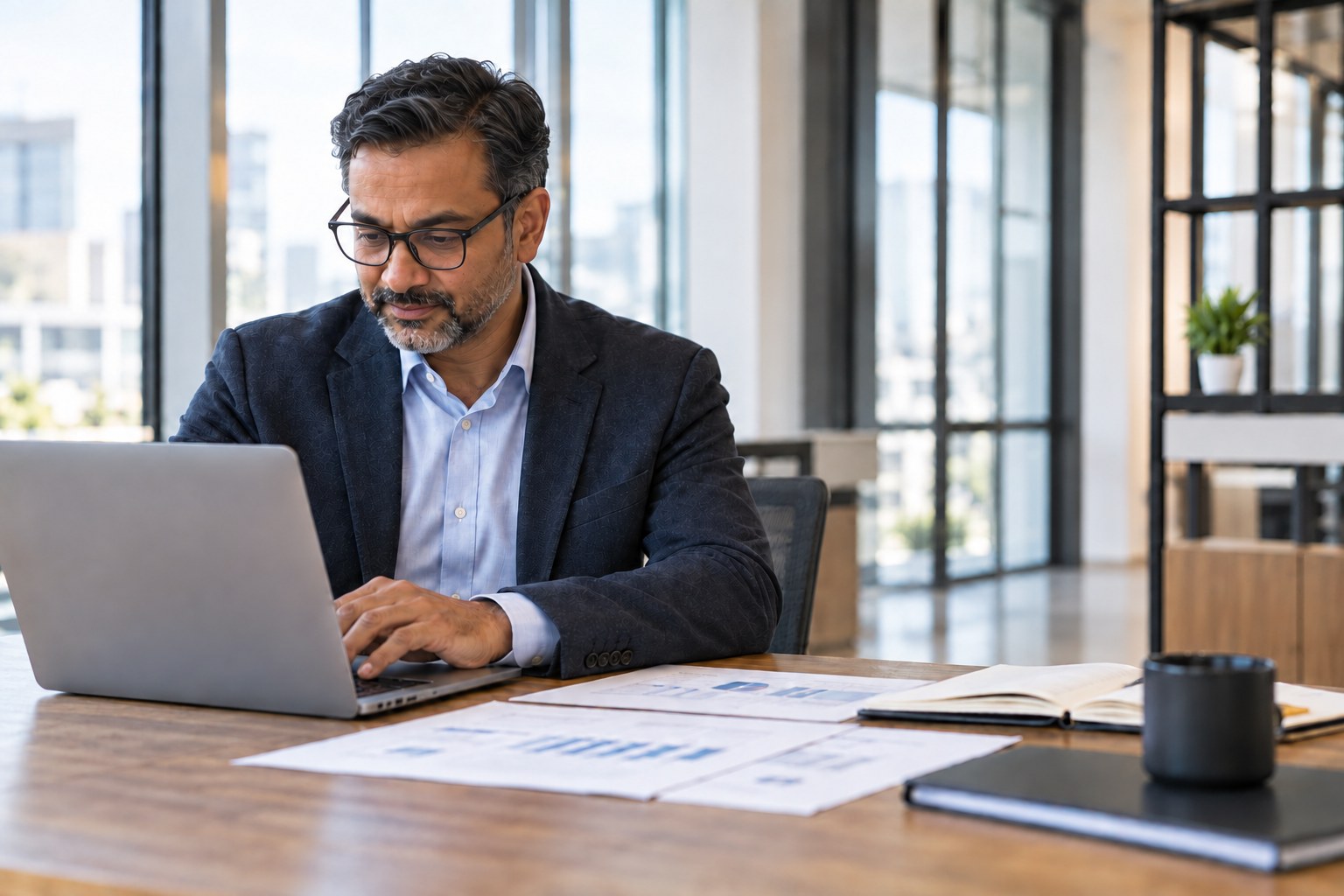 Professional working alone at his laptop in an office