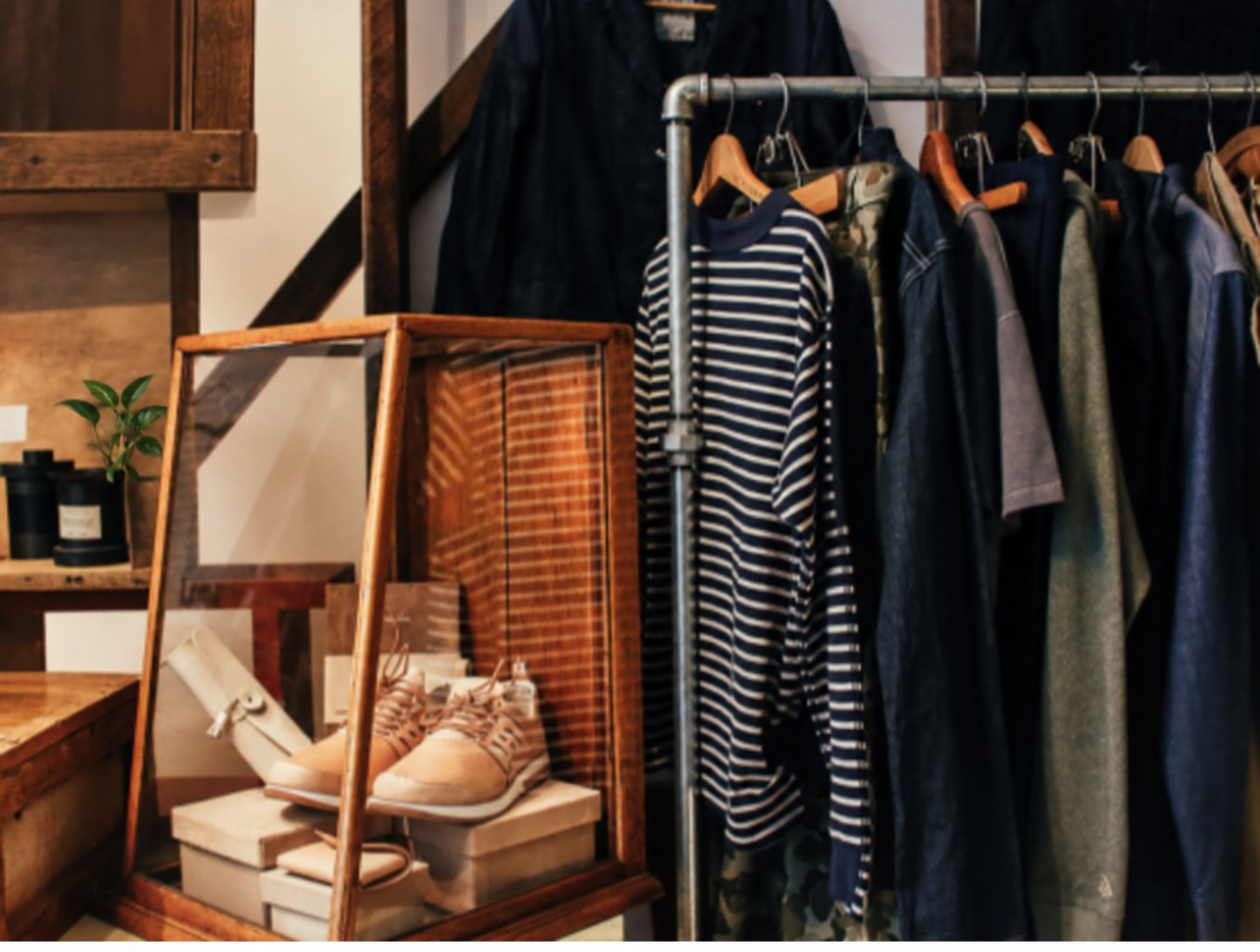 Clothing and shoe displays in a retail boutique