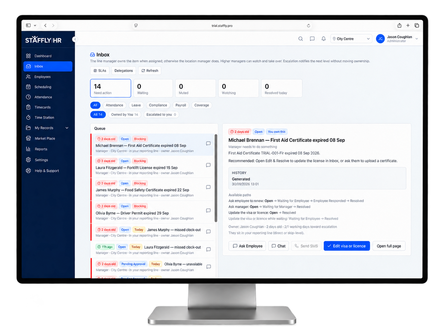 Staffly HR Inbox Dashboard on Desktop Monitor